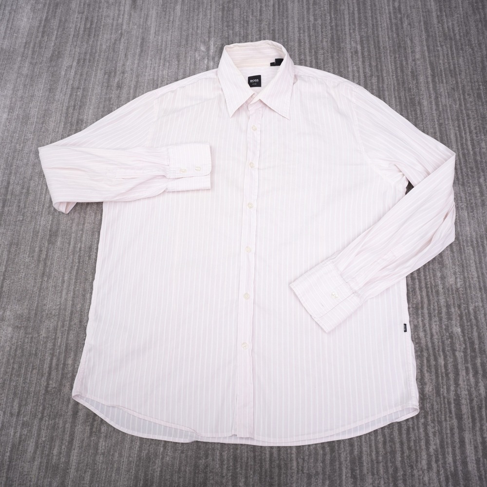 BOSS Hugo Boss Dress Shirt Men XL Pink Good Fitted Striped Long Sleeve Button Up